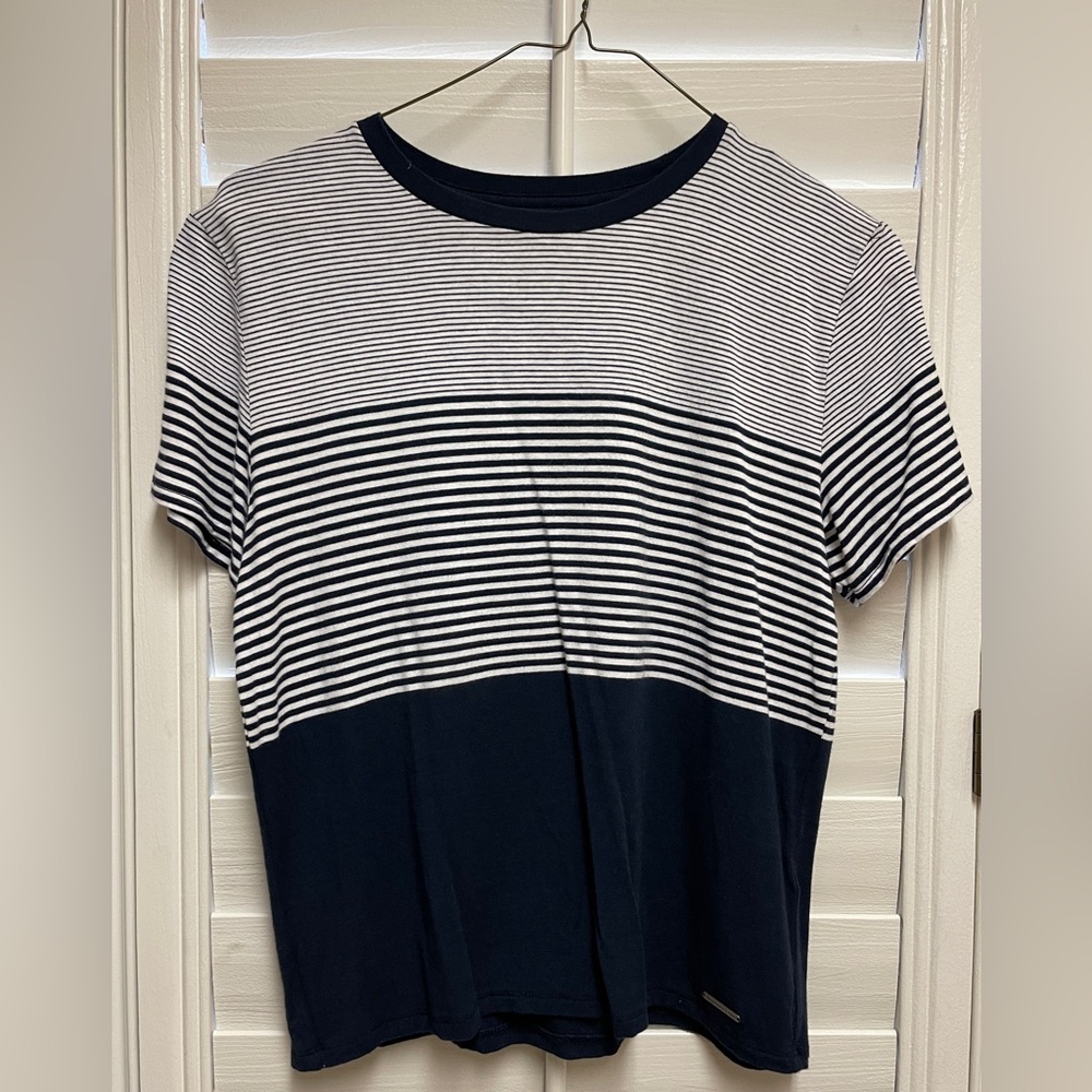 Abercrombie Navy and White Striped Color Block Tee - Size S